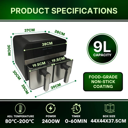 2400W Black Double Basket Digital Air Fryer - 9L