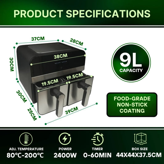 2400W Double Basket Digital S/S Airfryer - 9L