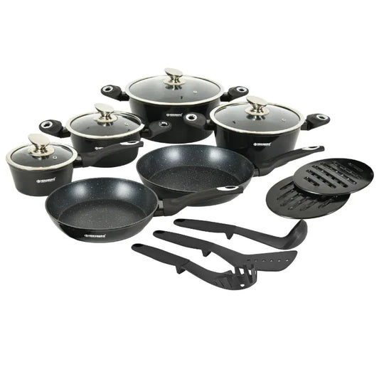 15 Pieces Marble Coated Cookware Set - Black