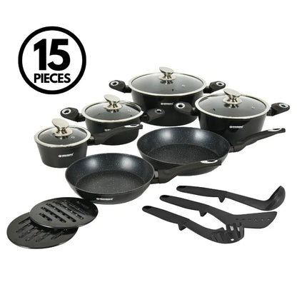 15 Pieces Marble Coated Cookware Set - Black