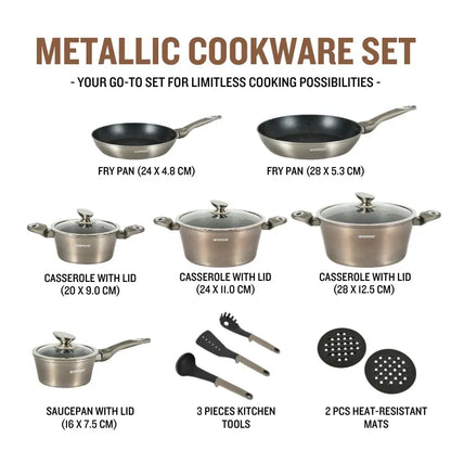 15 Pieces Marble Coated Cookware Set - Carbon