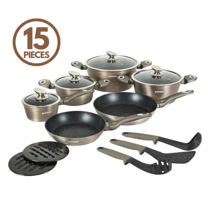 15 Pieces Marble Coated Cookware Set - Carbon