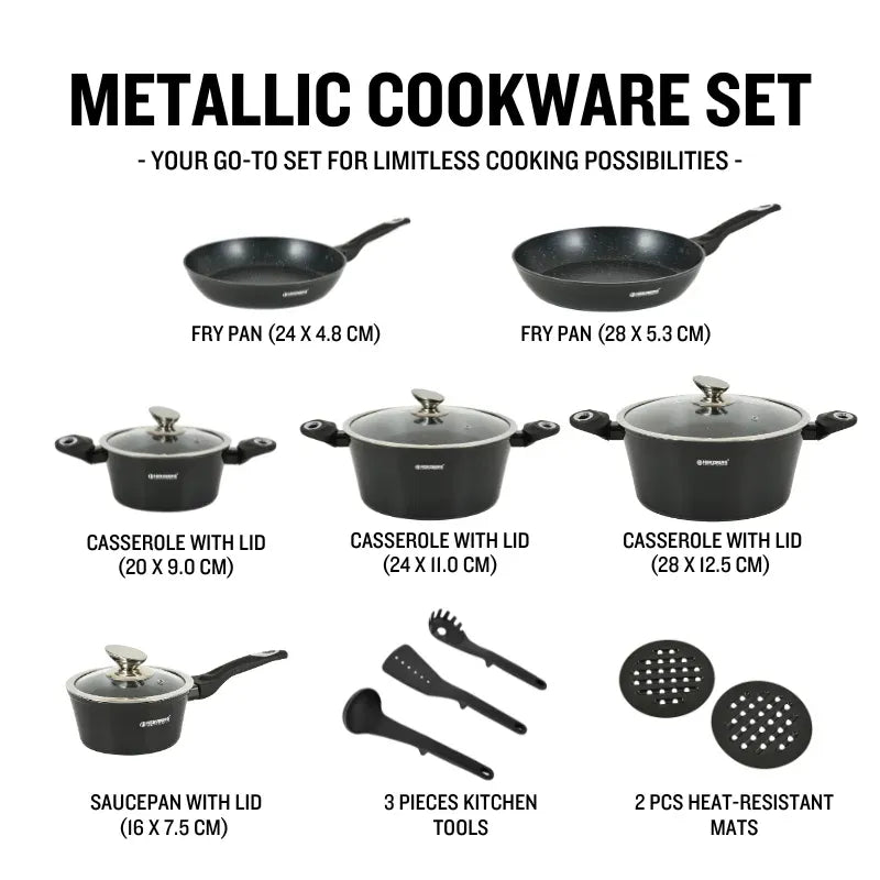 15 Pieces Marble Coated Cookware Set - Black