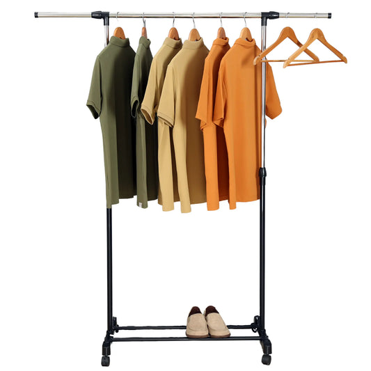 Adjustable Single Rod Rolling Clothing Garment Rack