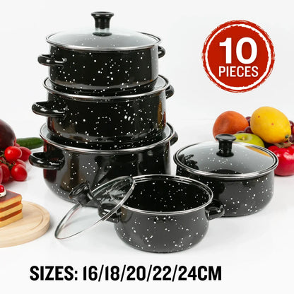 10 Pieces Enamel Kitchen Cooking Pot and Casserole with Glass Lid