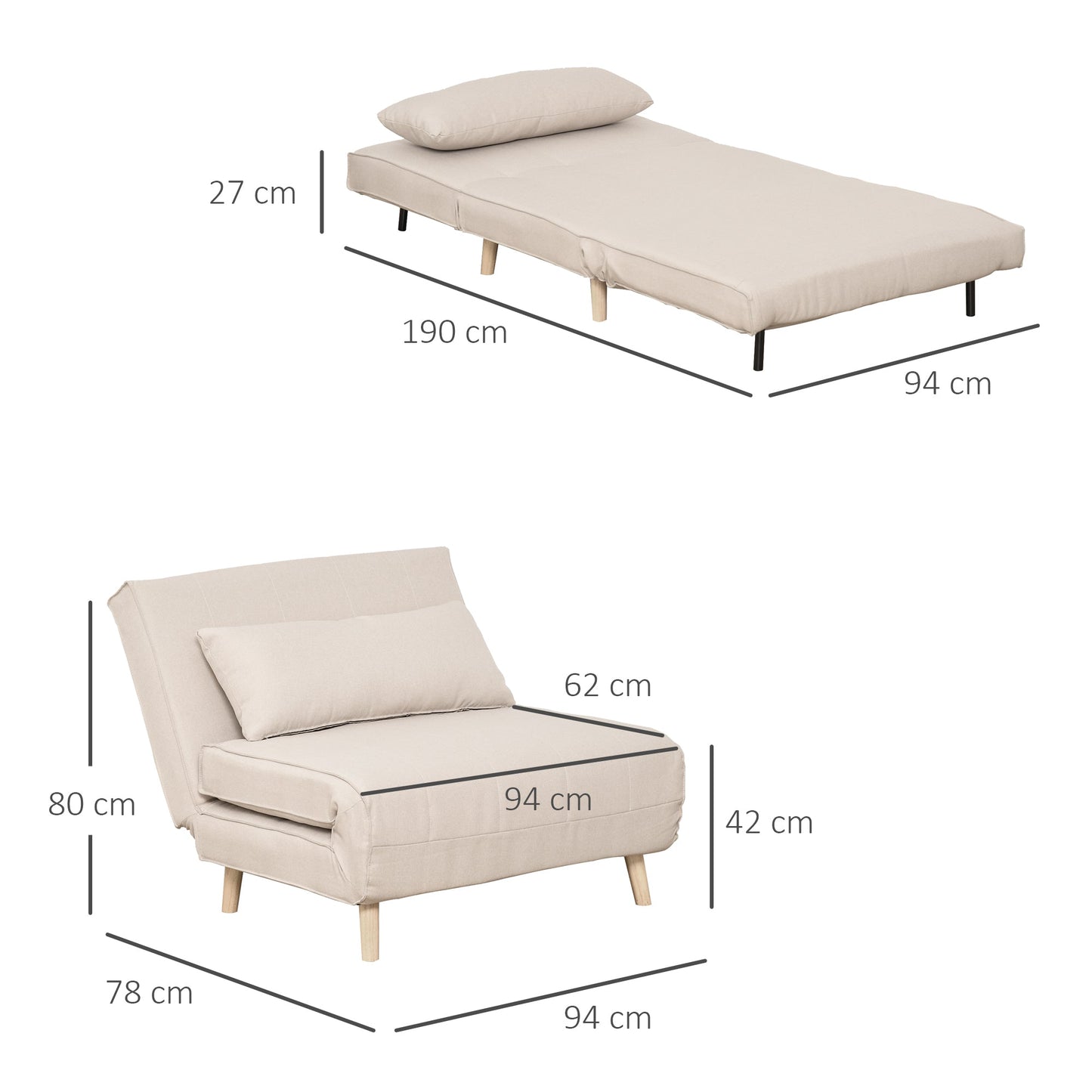 3 in 1 Sofa Bed with 6-Position Reclining Backrest, 94x78x80 cm, Beige