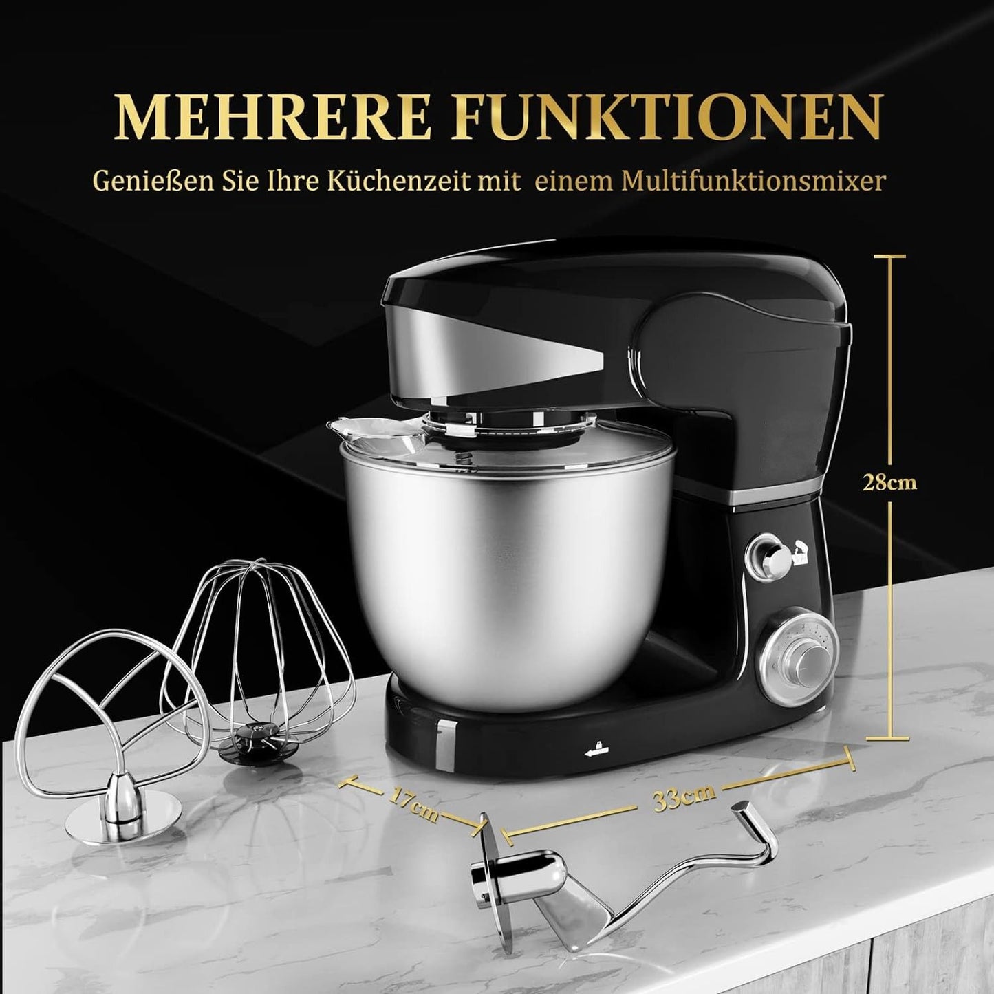 1600W 6-Speed Stainless Steel Stand Mixer 6L - Black