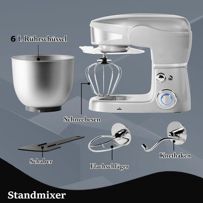 1600W 6-Speed Stainless Steel Stand Mixer 6L - Silver