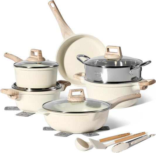 Just Perfecto JL-779: 15 Pieces Granite Cookware Set with Steamer - Biege