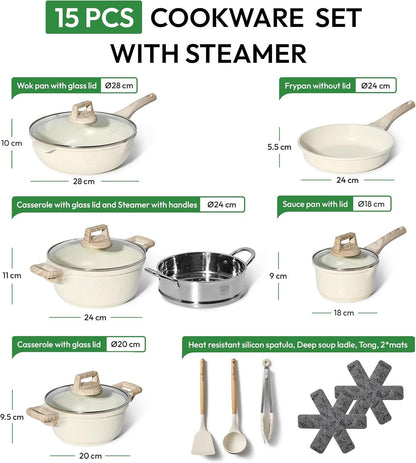 Just Perfecto JL-779: 15 Pieces Granite Cookware Set with Steamer - Biege