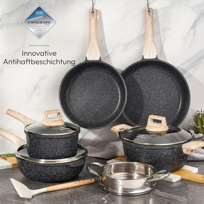 Just Perfecto JL-30: 14 Pieces Granite Cookware Set with Steamer - Black