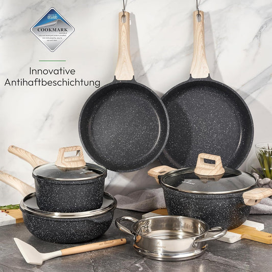Just Perfecto JL-30: 14 Pieces Granite Cookware Set with Steamer - Black