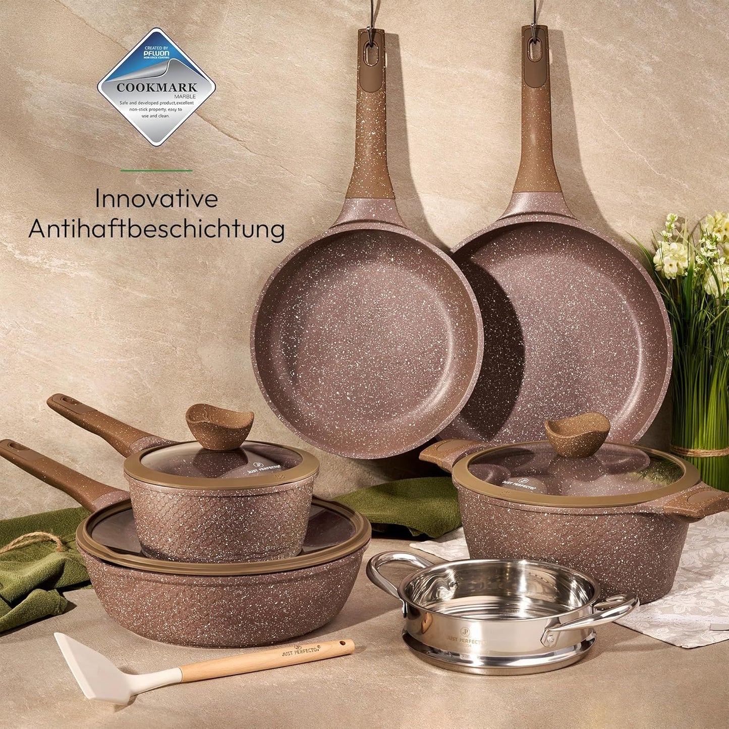 Just Perfecto JL-26: 14-Piece Granite Cookware Set - Brown