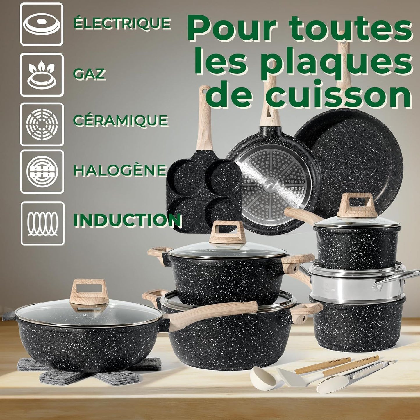 Just Perfecto JL-722: 21-Piece Granite Cookware Set - Black