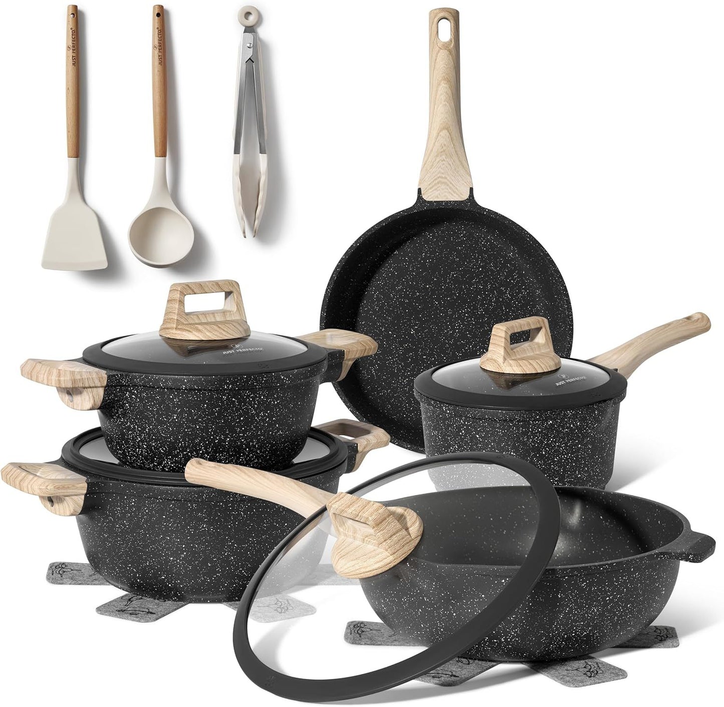 Just Perfecto JL-889: 14 Pieces Granite Cookware Set - Black