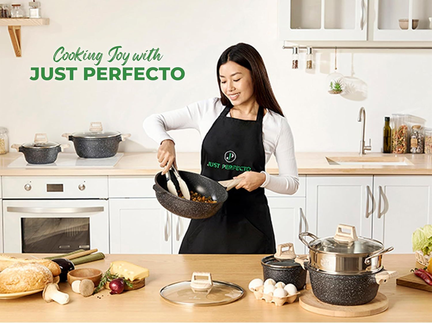 Just Perfecto JL-889: 14 Pieces Granite Cookware Set - Black