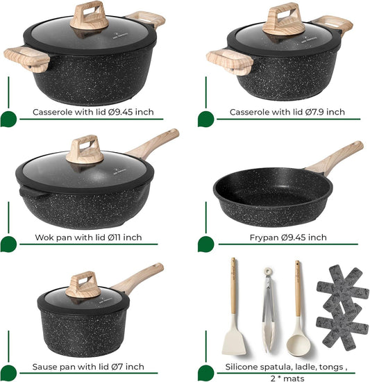 Just Perfecto JL-889: 14 Pieces Granite Cookware Set - Black