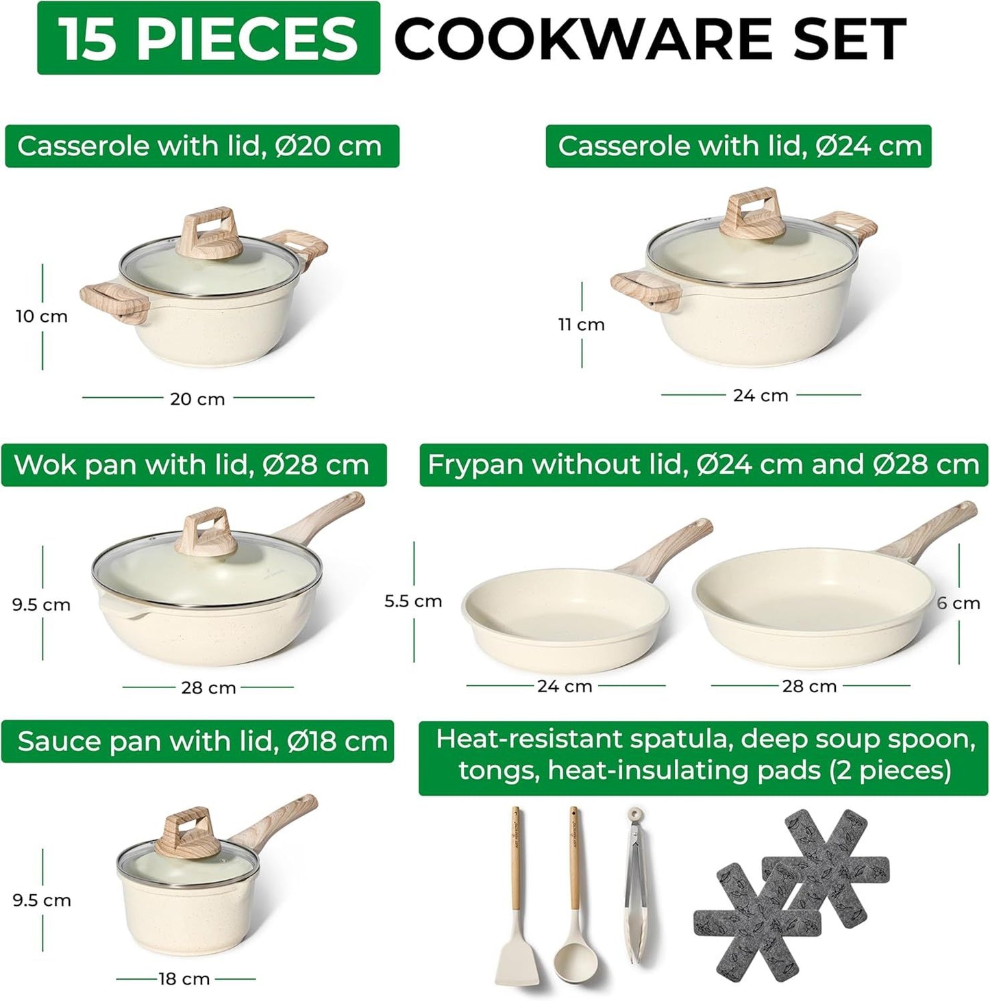 Just Perfecto JL-788: 15 Pieces Granite Cookware Set - Biege