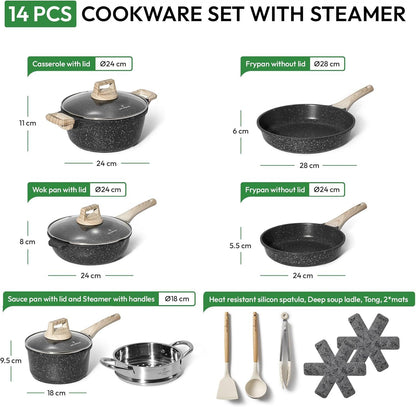 Just Perfecto JL-30: 14 Pieces Granite Cookware Set with Steamer - Black