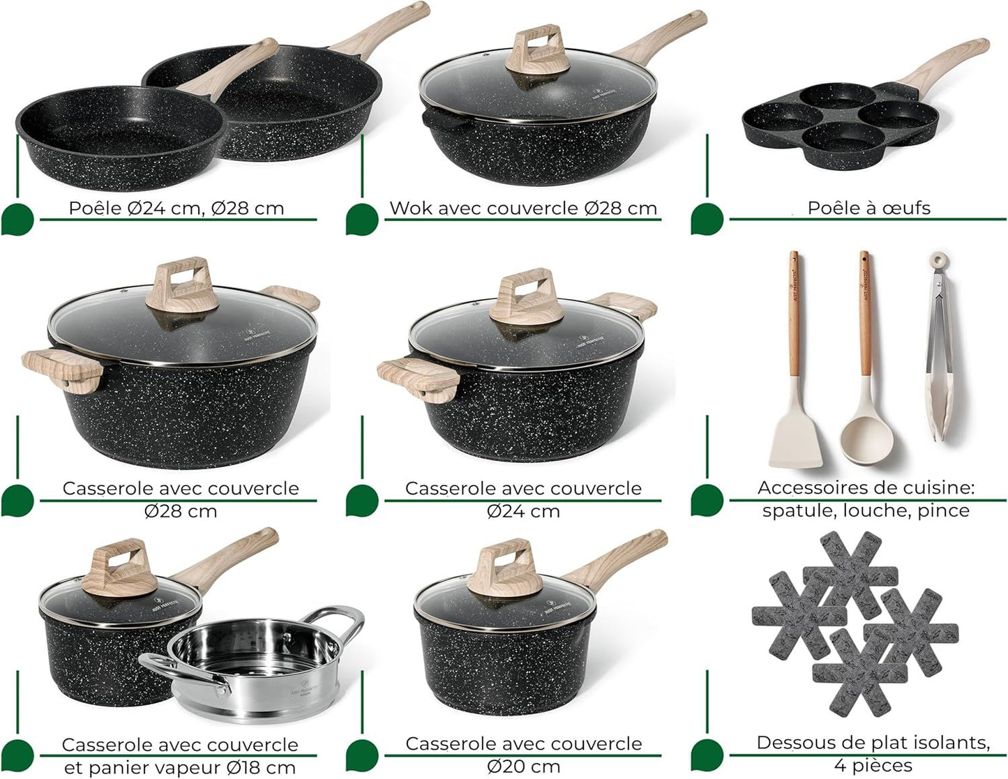 Just Perfecto JL-722: 21-Piece Granite Cookware Set - Black