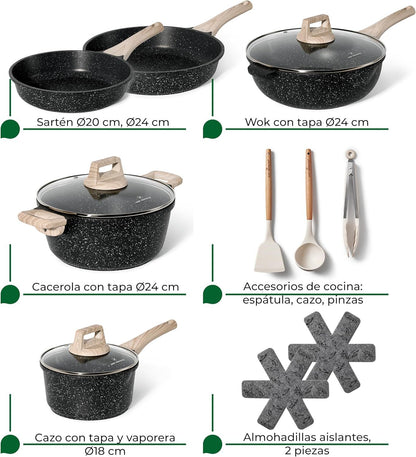 Just Perfecto JL-32: 13 Pieces Granite Cookware Set - Black