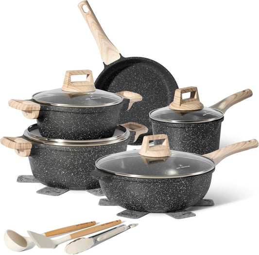Just Perfecto JL-778: 14 Pieces Granite Cookware Set - Black