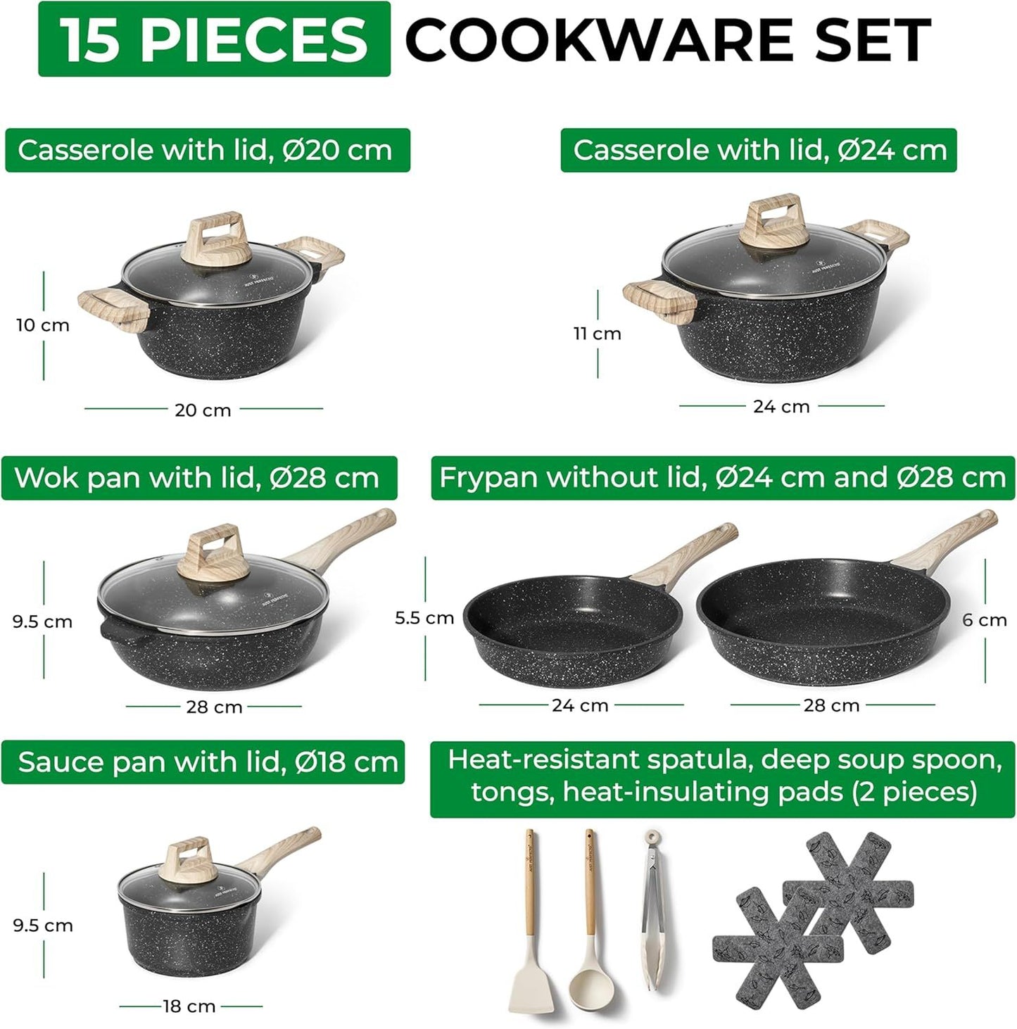 Just Perfecto JL-789: 15 Pieces Granite Cookware Set - Black