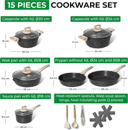 Just Perfecto JL-789: 15 Pieces Granite Cookware Set - Black