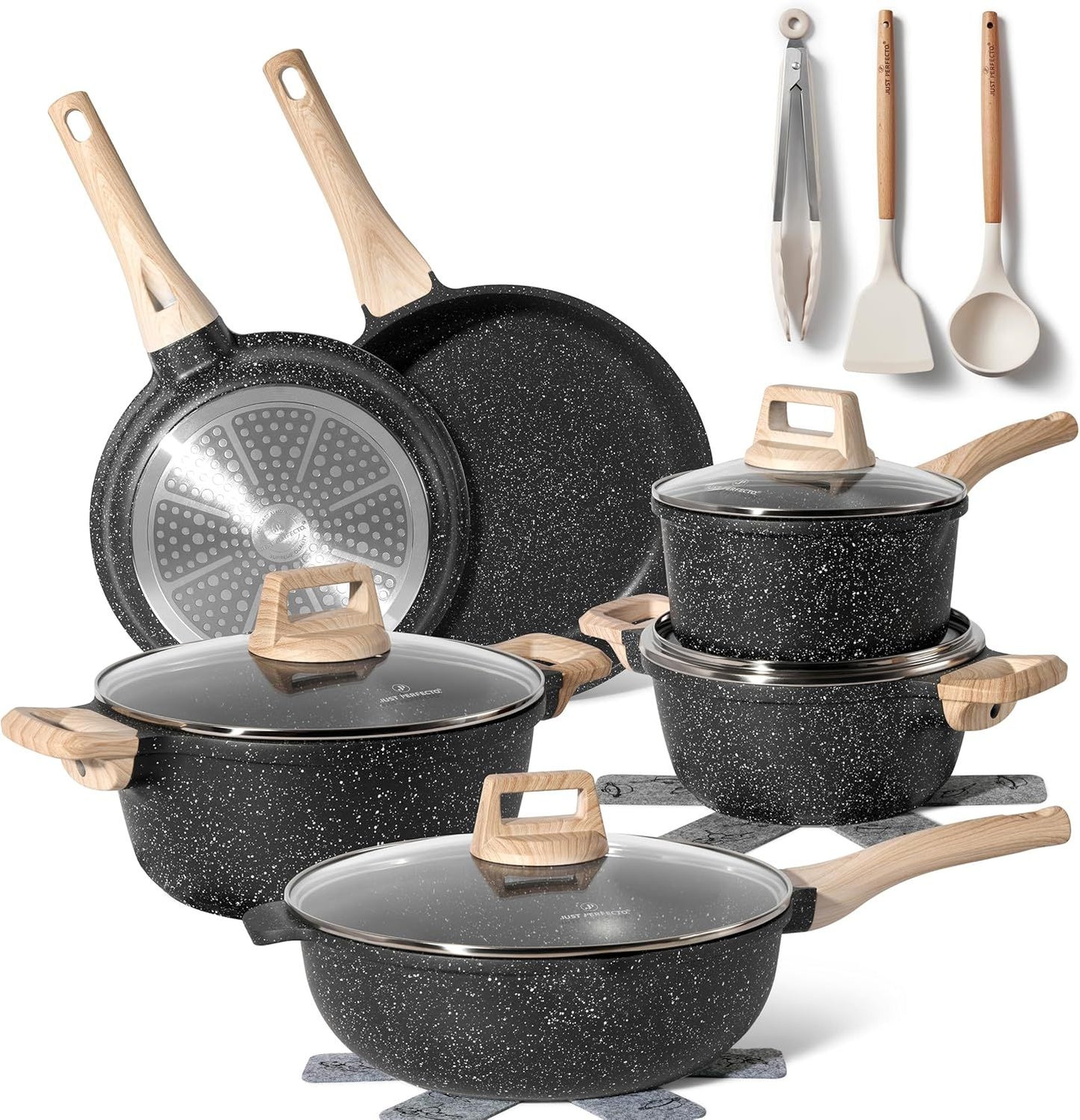 Just Perfecto JL-789: 15 Pieces Granite Cookware Set - Black