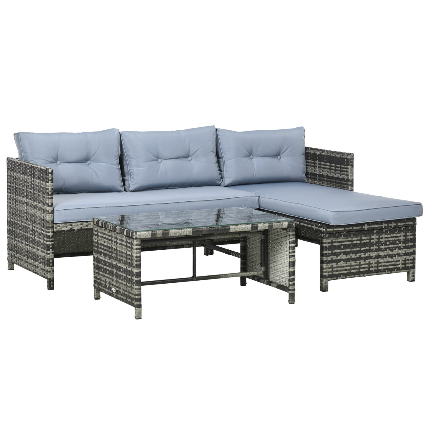 Garden Lounge Set with Sofa, Chaise Longue and Coffee Table in PE Rattan with Cushions, Grey