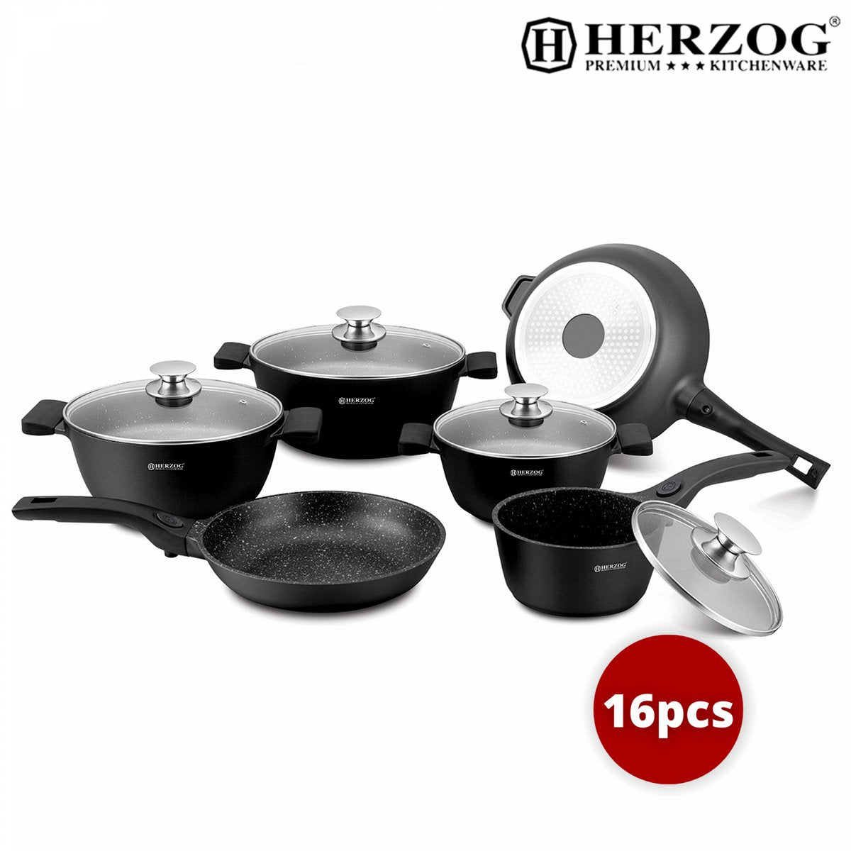 Herzog 16STM-BK Black Marble Cookware Set – 16 Pieces