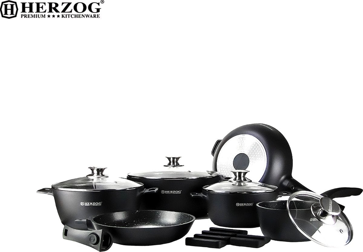 Herzog 16STM-BK Black Marble Cookware Set – 16 Pieces