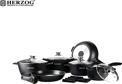 Herzog 16STM-BK Black Marble Cookware Set – 16 Pieces