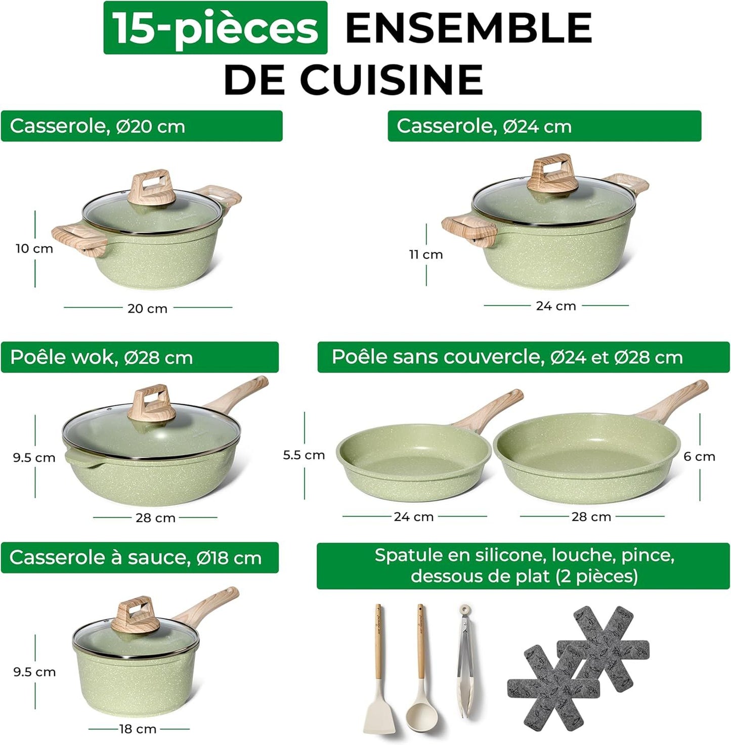 Just Perfecto JL-787: 15 Pieces Granite Cookware Set- Green