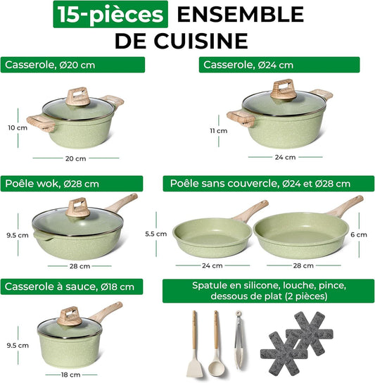 Just Perfecto JL-787: 15 Pieces Granite Cookware Set- Green