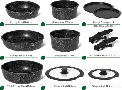 Just Perfecto JL-998: 11 Pieces Granite Cookware Set with Removable Handle - Black