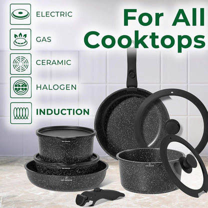 Just Perfecto JL-998: 11 Pieces Granite Cookware Set with Removable Handle - Black