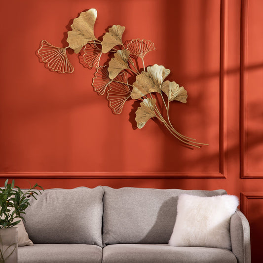 3D Metal Wall Decoration, Golden Ginkgo Leaf Wall Art 138x70cm