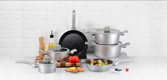 10 pcs, Cookware Set, Marble-coated, Induction-ready, Silver, ROYALTYLINE