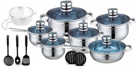 18 pcs, cookware set, silver, thermo knob, blue glass lids, cookware set, ROYALTYLINE 1801B-SV
