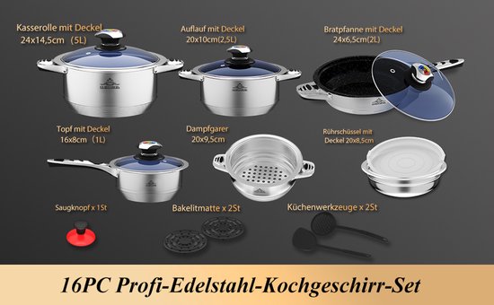 16 pcs, Cookware Set, Dishwasher-safe, Induction-ready, Silver