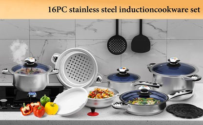 16 pcs, Cookware Set, Dishwasher-safe, Induction-ready, Silver