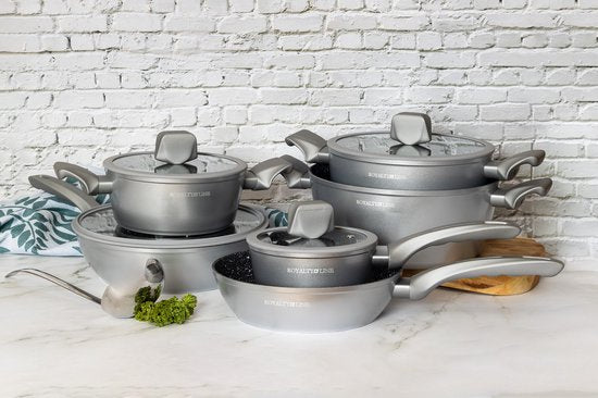 10 pcs, Cookware Set, Marble-coated, Induction-ready, Silver, ROYALTYLINE