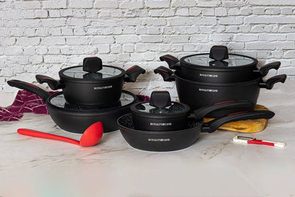 10 pcs, Cookware Set, Marble-coated, Induction-ready, Black, ROYALTYLINE