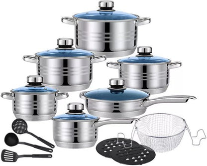 18 pcs, cookware set, silver, thermo knob, blue glass lids, cookware set, ROYALTYLINE 1801B-SV