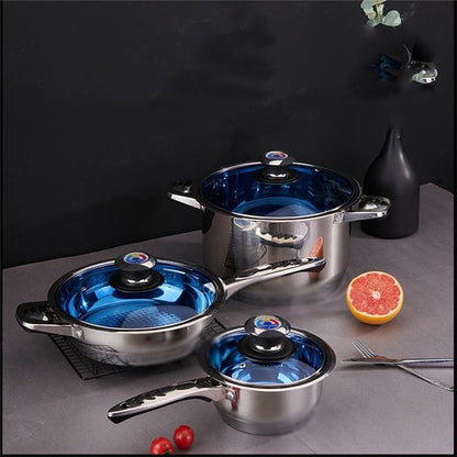 18 pcs, cookware set, silver, thermo knob, blue glass lids, cookware set, ROYALTYLINE 1801B-SV