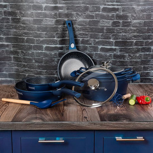 17 pcs, Cookware Set, Marble-coated, Induction-ready, Dark, Blue, ROYALTYLINE