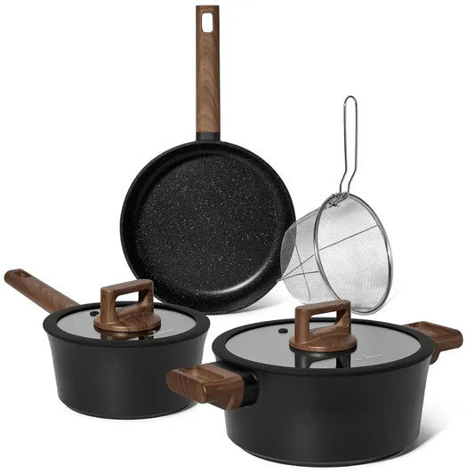 Just Perfecto JL-332 : 6-Piece Marble Coated Cookware Set with Rubber Rim Glass Lids, Black