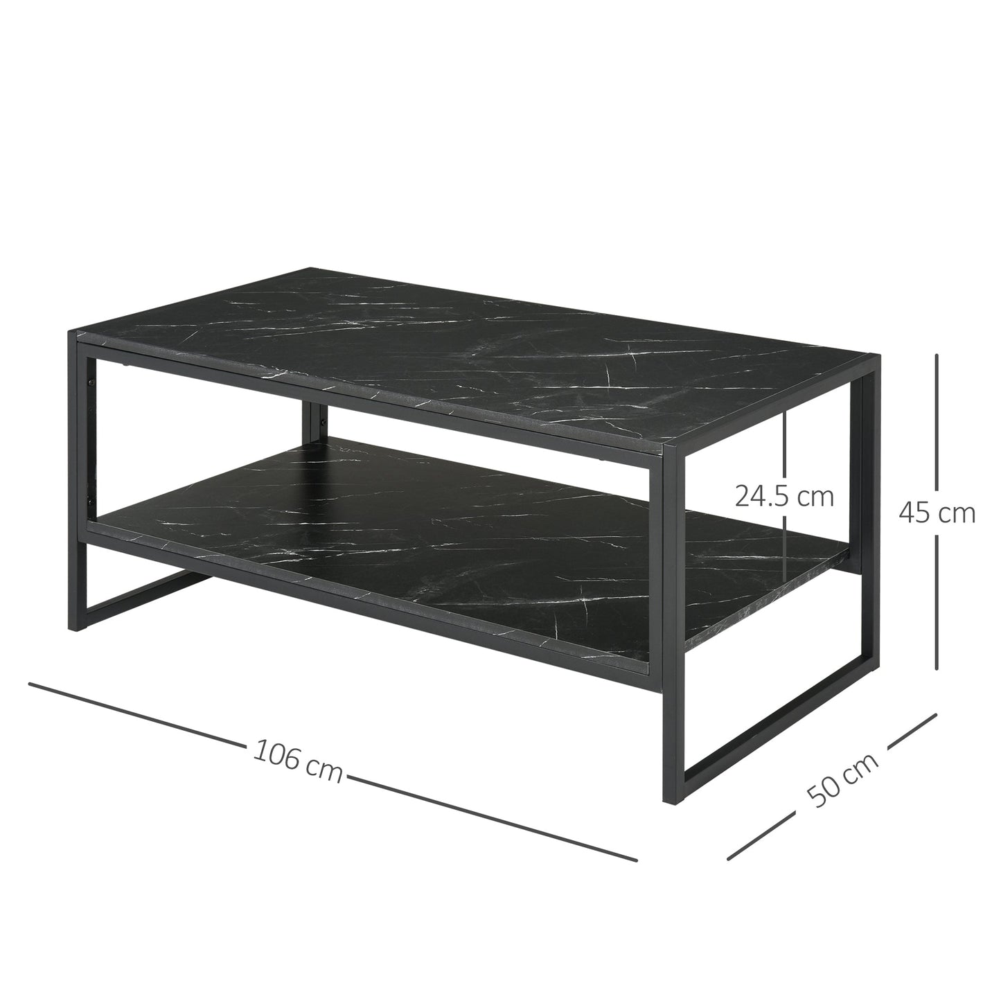 MALORCA | Black Marble Effect Coffee Table with Lower Shelf for Living Room or Office, 106x50x45cm