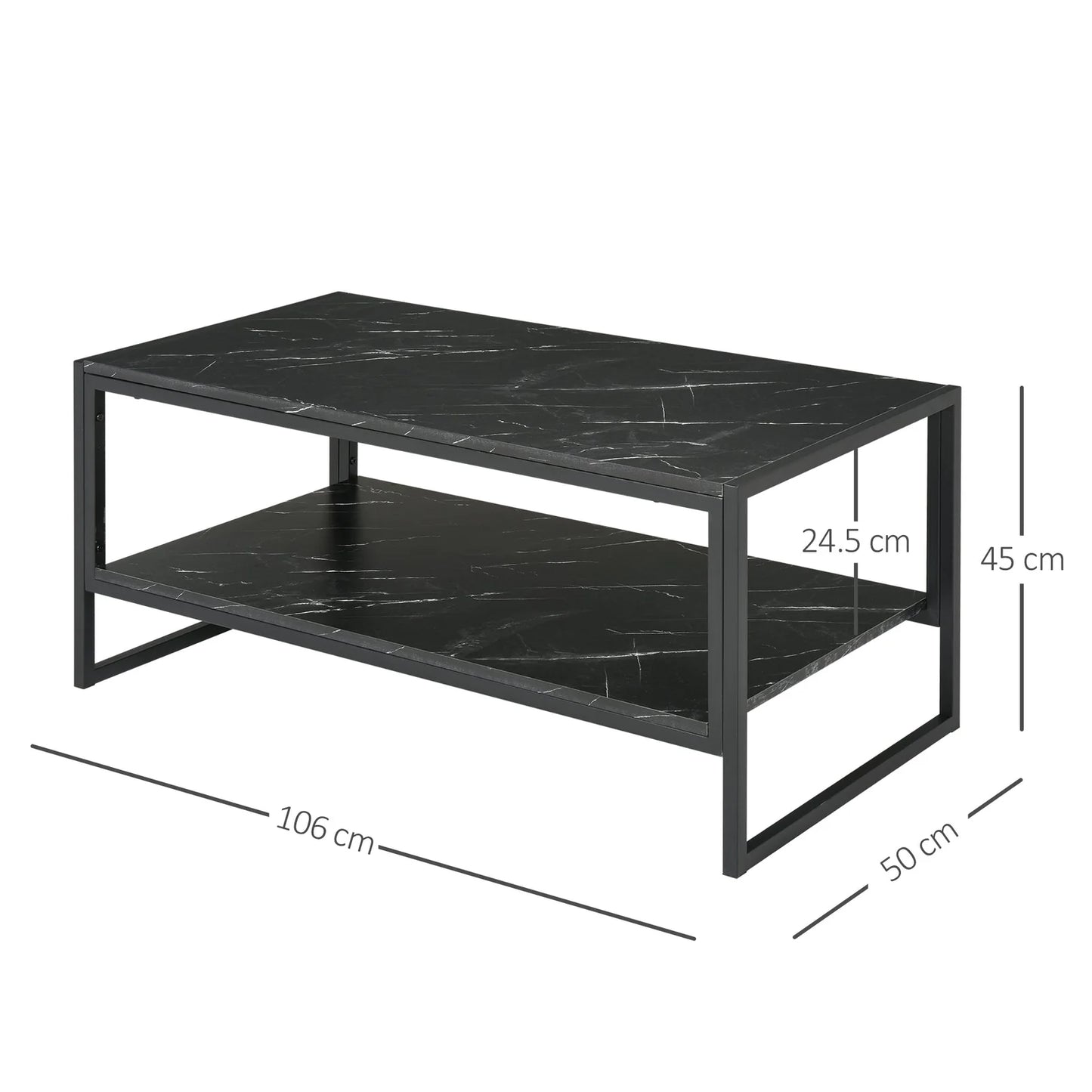 Modern Black Marble Coffee Table with Steel Frame and Storage Shelf
